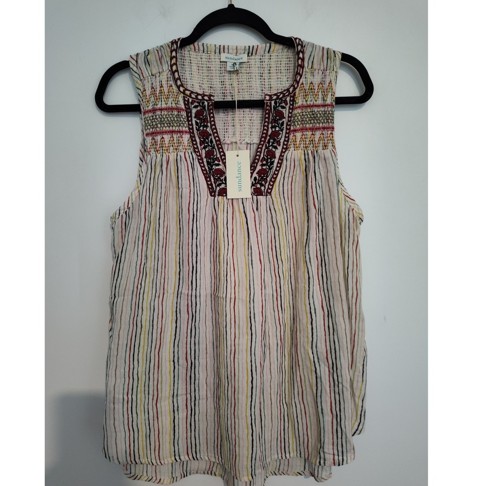 Sundance Womens Medium Embroidered Smocked Cotton Striped Sleeveless Blouse NEW